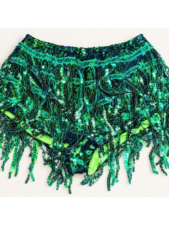 next Pants - Green Sequin Fringe Shorts S Mermaid Rave Halloween NYE Hot Pants